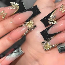 24Pcs Press on Nails Long Square Coffin Fake Nails French Tip with Nude Black 3D Gold Butterfly Designs Full Cover Glossy Glue on Nails Thick Acrylic False Nails Cute Stick on Nails for Women Girls SGCY-489