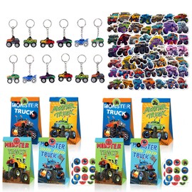 74 Pieces Monster Truck Children's Birthday Party Gifts, Monster Truck Birthday Decoration, Gifts Theme Party, Truck Party Bags, Includes Gift Bags, Birthday Keyring Stickers