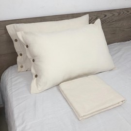 TiFang 100% Pure Linen Set (3-Piece: 1 Flat Sheet + 2 Pillowcases) – Soft, Breathable Bedding in Farmhouse Style, Creamy-White, Queen Size.