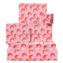 Pink and Orange Wrapping Paper - Cowboy Shrimp - 6 Sheets for Birthday, Christmas, Anniversary, All Occasions - Funny for Men and Women - With Tags - Recyclable
