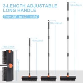 Floor Scrub V Brush with Long Handle 4 in 1 Silicone Scrape and Stiff Bristle Scrubber 360° Cleaning Brush with Tweezers for Shower Bathroom, Patio, Garage, Kitchen, Wall and Deck