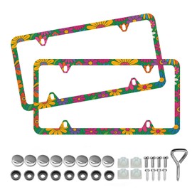 Hippie Flowers License Plate Frame - Unobstructed Narrow-Edge 2 Packs Universal Stainless Steel Car License Plate Frames Holder Solid Holder with 4 Holes Rustproof for Men Women