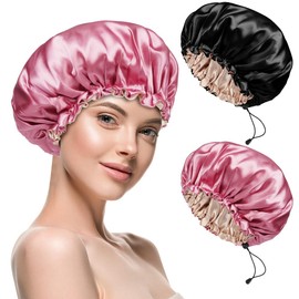 Flintronic Satin Silk Sleep Cap, Adjustable Bonnets, Night Hair Care, Protection Cap, Breathable, for Curly Long Hair, Straight, Black + Rose Red