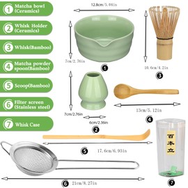 7pcs Matcha Whisk Set,Ceramic Matcha Bowl and Bamboo Matcha Whisk, Scoop, Spoon, Filter, Whisk Holder,Traditional Japanese Ceremony Matcha Tea Making Kit for Starter