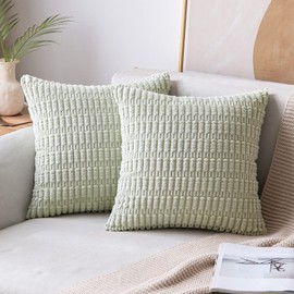 MIULEE Pack of 2 Corduroy Decorative Throw Pillow Covers 18x18 Inch Soft Boho Striped Pillow Covers Modern Farmhouse Home Decor for Sofa Living Room Couch Bed Light Green