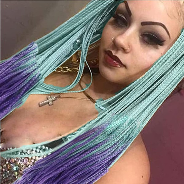 Angle Lucky Green Purple Box Braided for Women Hamemade Mint Green Omber Purple Micro Braiding Hair Wig Synthetic Lace Front Wig Heat Resistance Fiber Afro Braids 26 Inch