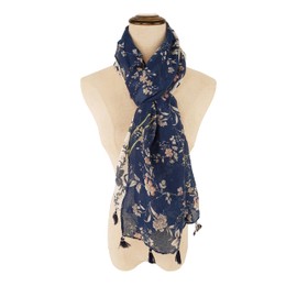 YOUR SMILE Large Boho Scarf for Women Lightweight Floral Printed Scarves Fall Winter Fashion Fringed Shawl wraps (20 Navy/White Flower)