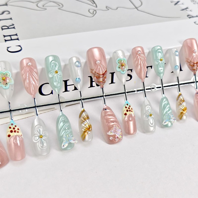 30Pcs Summer Beach Press on Nails Medium Almond French Tip