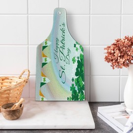 Ambesonne St. Patrick's Day Cutting Board, Celebration Greeting with Rainbow and Flags Lucky Clovers Shamrock Plant, Decorative Tempered Glass Cutting and Serving Board, Wine Bottle Shape, Multicolor