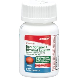 Leader 2-in-1 Stool Softener & Stimulant Laxative, Docusate Sodium 50mg, Sennosides 8.6 mg, Gentle Occasional Constipation Relief for Adults, Both Men & Women, & Children Ages 6+, 100 Tablets 2-Pack