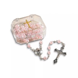 Unbranded Pink Simulated Pearl Beads Baptism 20 inch Rosary with Box