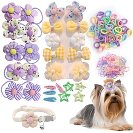 Cherocito 180+ Pcs Multi-Colored Dog Hair Accessories Set,Small Dog Hair Bows with Rubber Bands,Cute Puppy Hair Ties,Bowties for Small Dogs Cats,Dog Hair Clip,Floral Bell Collar,Flower Scrunchie