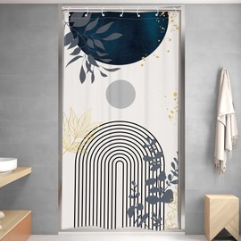 Riyidecor Small Stall Navy Blue Boho Mid Century Shower Curtain for Bathroom Decor 36Wx72H Modern Abstract Gold Leaves Minimalist Geometric Art Printed Fabric Polyester Waterproof 7 Pack Plastic Hooks