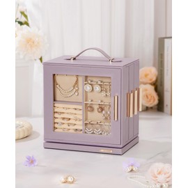 Homde Jewelry Box 360° Rotating, Necklace Earring Organizer with Transparent Window, Mirror, 7 Drawers, Large Ring Display Storage Case for Girls Women (Grey Purple)