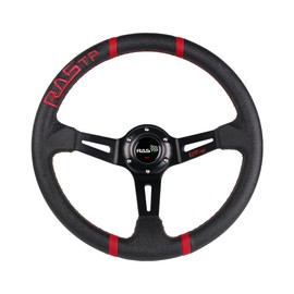 RASTP Universal Racing Steering Wheel,Deep Dish Steering Wheel Leather Embroidery 13.58”/345mm 6 Bolts with Horn Button Include Cable, Wrench,Black