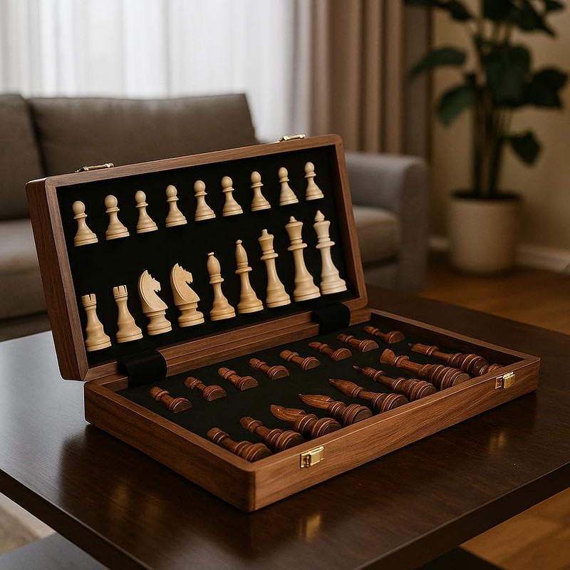 15'' Walnut Chess Set with Storage Board for Adults &