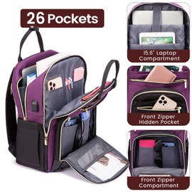 LOVEVOOK Laptop Backpack for Women, Fits 15.6 Inch Laptop Bag, Fashion Travel Work Anti-theft Bag, Business Computer Waterproof Backpack Purse, Purple-Black-Black