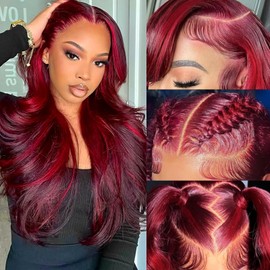 GUIGUZIN Ombre Lace Front Wig Human Hair Skunk Stripe Human Hair Wigs13x6 Hd Lace Frontal Body Wave Highlight Red Human Hair Wig Red Burgundy Colored Wigs for Women 200% Density 20 Inch