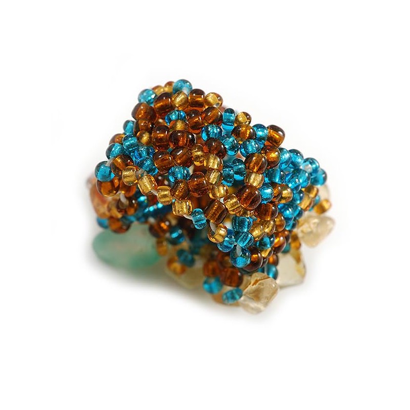 Avalaya Amber Brown/Teal/Sand Glass Bead Cluster Band Style Flex Ring