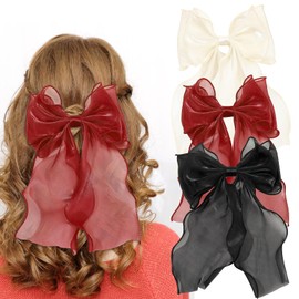 Hair Bow, 3 Pcs Bow Hair Clip, Vintage Silky Bow Hair Clip, 3 Colours Solid Color Bow French Automatic Hair Clip with Long Silky Satin for Girls Women Decorative Hair Accessories (Black, White, Red)
