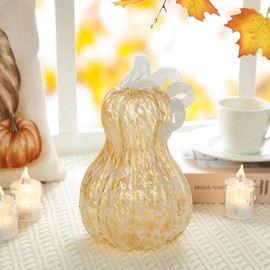Glitzhome Fall Glass Pumpkin Decor Hand Blown Glass Pumpkin Table Top Home Decor for Fall Harvest & Thanksgiving Decorating, 8.5" H, Amber