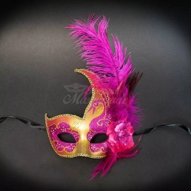 Beyond Masquerade Masquerade Mask with Feathers Gold Hot Pink M6131