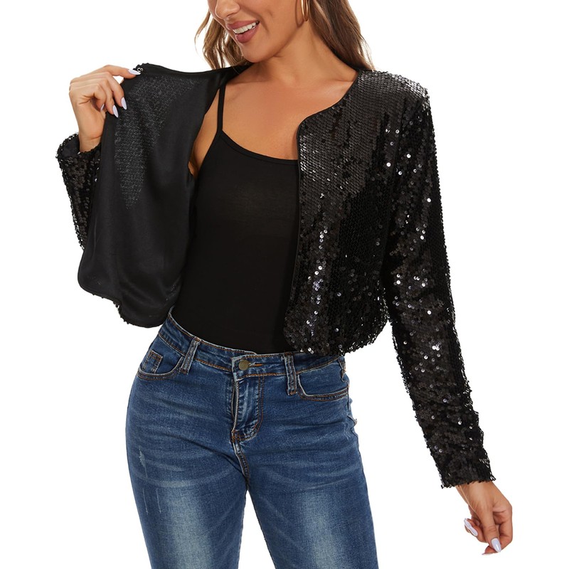 MINTLIMIT Women's Sequin Cardigan Short Open Cardigan Long Sleeve Bolero