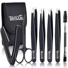 TsMADDTs Professional Stainless Steel Tweezers for Women and Men, 7 Pack Precision Tweezers for Eyebrows with Curved Scissor and Eyebrow Razor for Ingrown Hair