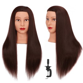 Headlima Cosmetology Mannequin Head Manikin Training Head 26-28'' Synthetic Fiber Hair Styling Practice Doll Head Hairdresser with Clamp Stand (Brown)