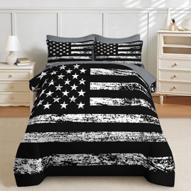 Nesker 7 Pcs Comforter Set Queen Size, Black White USA American Flag Bedding Set for Kids and Adults, Vintage Stars Stripes Flags Boys Sheets Bed Sheet Sets with Fitted Sheet 2 Pillowcases & 2 Shams
