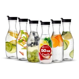 Party Bargains 50 oz. Plastic Carafe with Lids - Clear, 6 Count, Black Flip Tab Lid Premium Quality & Heavy Duty Plastic Pitcher for Iced Tea, Powdered Juice, Cold Beverages, Mimosa Bar