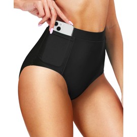 Tempt Me Women's Black High Waisted Bikini Bottom Full Coverage Plus Size Tummy Control Swimsuit Bottom with Pockets XXL