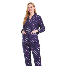 GLOBAL - Pijama de franela para mujer, de 2 piezas, cómodo y acogedor, conjunto de pijama de franela de algodón, Puntos de colores en azul1, S