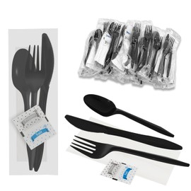 50Pack Plastic Cutlery Packets, Knife Fork Spoon Napkin Salt Pepper Sets, Individually Wrapped Black Plastic Cutlery Packets for Delivery, Cafeterias, Restaurants