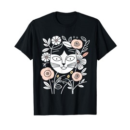 Minimalist Elegant Floral Botanical Cat Line Art T-Shirt