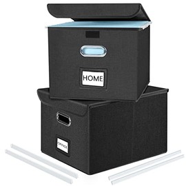 Upgrade File Organizer Boxes with Lids, Huolewa Collapsible Linen Hanging Filing & Storage Boxes with Plastic Slide for Office/Decor/Home, Filling System for File/Folders/Document Storage -2 Pack