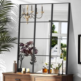 YIROMAN Window Pane Mirror, 36x48 Inch Black Rectangular Decorative Wall Mirror, Large Window Metal Framed Mirror for Bedroom Living Room Fireplace Entryway, Hanging or Leaning Against Wall