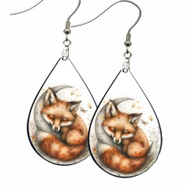 the fun things Crescent Moon Folk Art Sleeping Fox Earrings Teardrop NO TARNISH Wood Wildlife