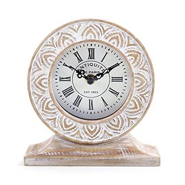 NIKKY HOME Hand Carved Wood Table Clock, Shelf Desk Top Clock Battery Operated Boho Design, Vintage Home Decor for Fireplace Mantel, Desktop, Countertop, Distressed White