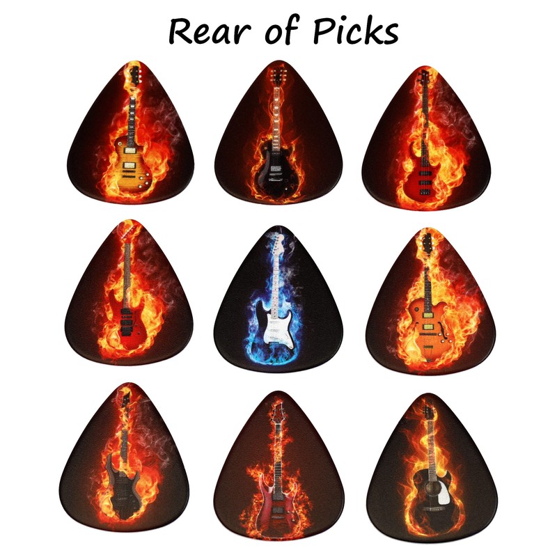 Tin of 9 Flaming Guitar Plectrums - Double sided -