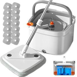 KZKR M16 Spin Mop and Bucket Set with Self Separation M16 Dirty and Clean Water System Self Wringing 360° Rotating Square Mop-Head for Hardwood Tile Marble Floors (Grey) (Mop and Bucket Set (14 pads))