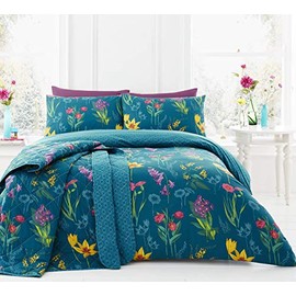 Dreams & Drapes - Ingrid Floral Print Reversible Duvet Cover Set, Teal,2 pieces, Single
