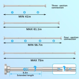 AIZESI Brushed Nickel Shower Curtain Rod, Adjustable 41-75 Inch Tension Shower Curtain Rod, 1" Diameter Shower Rod No Drilling, Anti-Slip, Premium Stainless Steel Anti-Rust