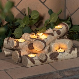 Plow & Hearth Faux Birch Wood Resin Logs Candle Holder for Fireplace | Romantic Ambiance Without Heat or Mess | Holds 8 Tea Lights| Realistic Sculpted Logs | 15" L x 9" W x 5" H