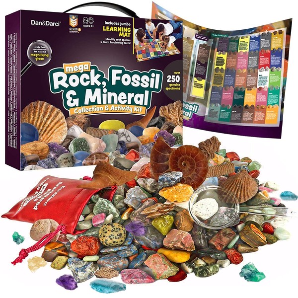 Rock, Fossil & Mineral Collection & Activity Kit. Includes 250+ Real Gemstones, Crystals Specimens & Jumbo Learning Mat - Science Gift for Kids - Bulk Rough Rocks, Polished Gem Stones, Genuine Fossils