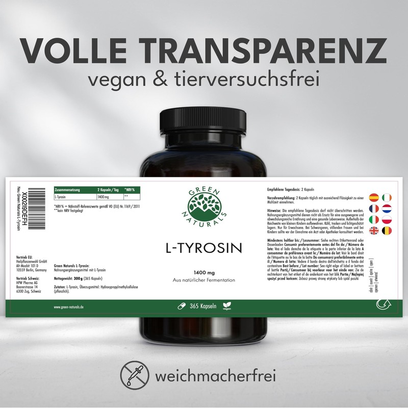 Green Naturals L-Tyrosine - High Dose: 1,400 mg - 365