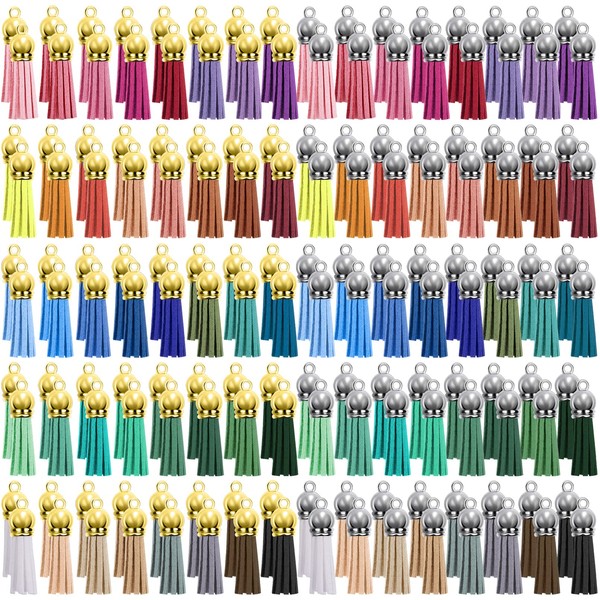 SIQUK Pack of 160 Tassel Pendants, Leather Tassel Pendants, Mini Tassels, Colourful Tassels for Crafts, Key Chains, Bags, 40 Colours (Gold & Silver Cap)
