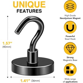 DIYMAG Black Magnetic Hooks, 150 LB Heavy Duty Strong Magnets with Hooks, Strong Rare Earth Neodymium Magnet Magnetic Hooks for Cruise Cabins Cruise Ship Essentials 8 Packs