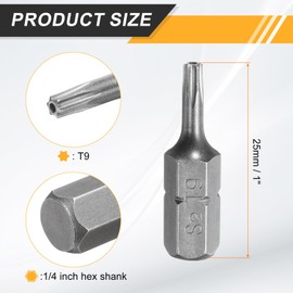 HARFINGTON 2pcs T9 Torx Screwdriver Bit 1/4" Hex Shank 25mm/1" Length S2 Steel Star 6 Point Head Hex Security Screw Driver Bits with Hole for Impact Electric Screw Driver Power Tools, Grey