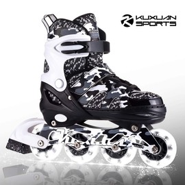 Kuxuan Boys Camo Black & Silver Adjustable Inline Skates with Light up Wheels, Fun Illuminating Roller Blading for Kids Girls Youth - Medium(Y13-3) …